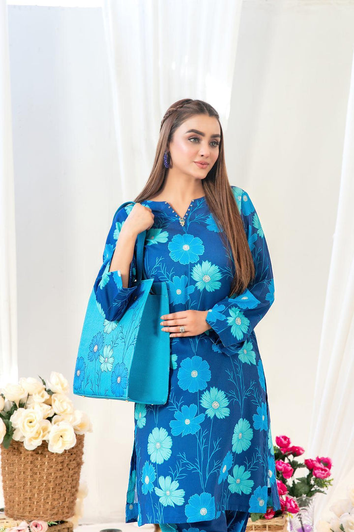Tawakkal 2-Piece Ready to Wear Swiss Digital Printed With Hand Bag GLO Vol 2 D-1556 - Blue