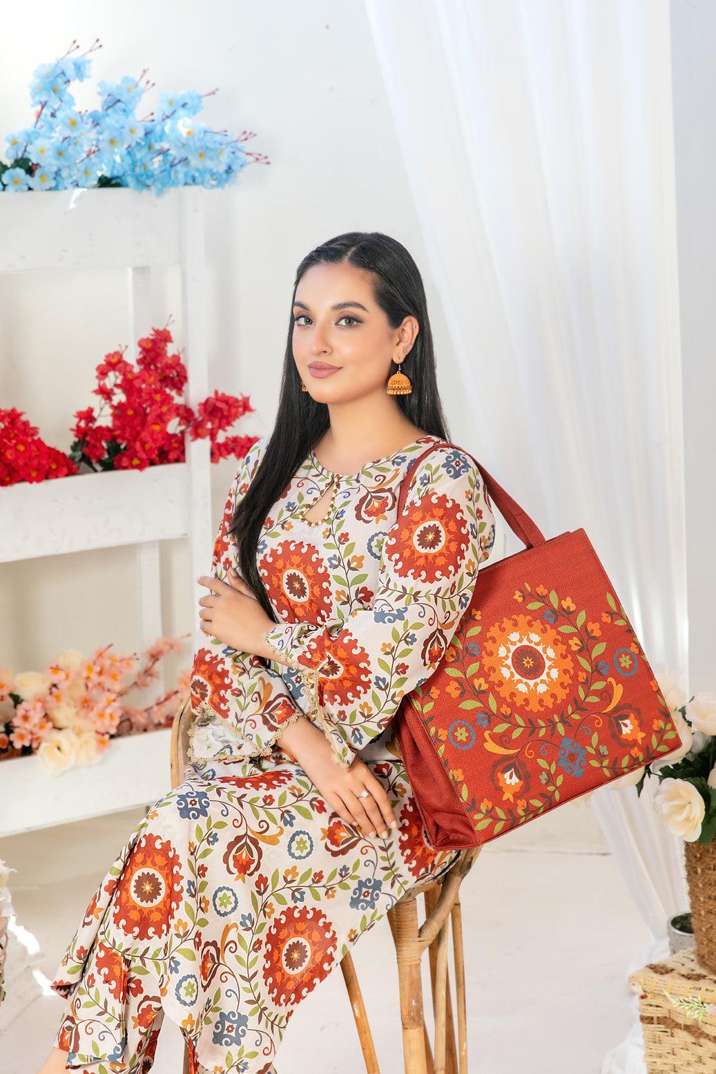 Tawakkal 2-Piece Ready to Wear Swiss Digital Printed With Hand Bag GLO Vol 2 D-1557 - White