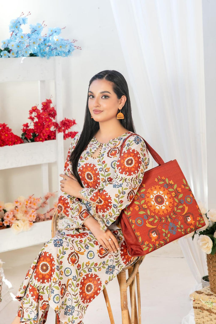 Tawakkal 2-Piece Ready to Wear Swiss Digital Printed With Hand Bag GLO Vol 2 D-1557 - White