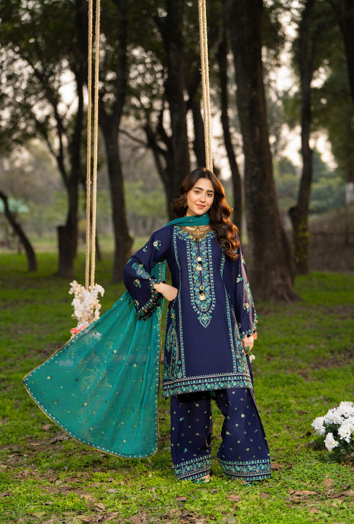 Karma Luxury COTTON Collection –3Piece Ready-to-Wear DARk blue  KC-1548A