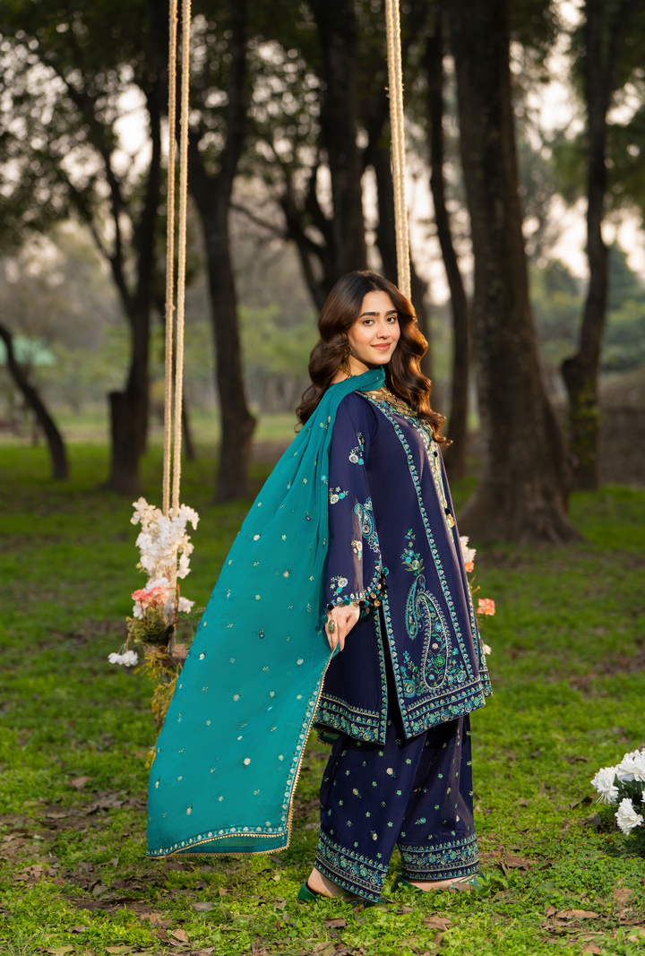 Karma Luxury COTTON Collection –3Piece Ready-to-Wear DARk blue  KC-1548A