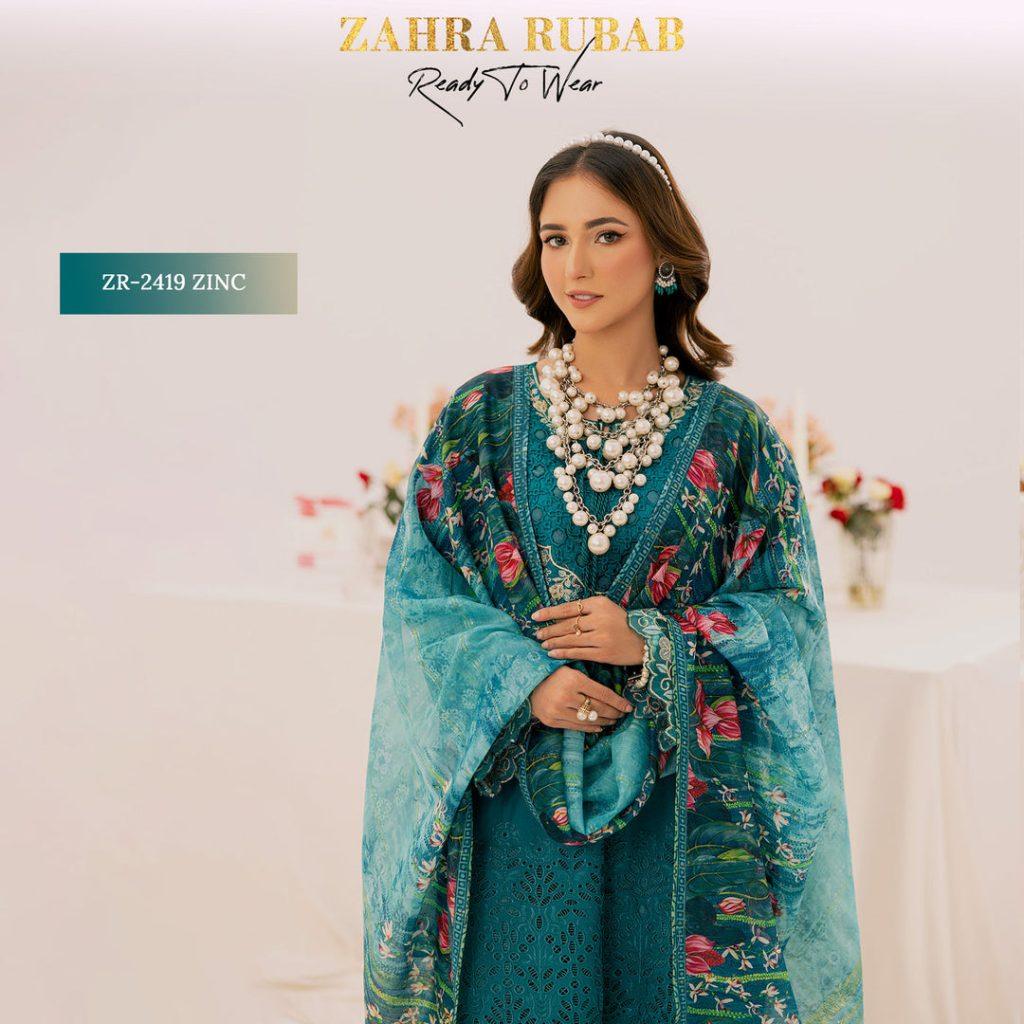 ZAHRA RUBAB 3 PIECE READYMADE CHIKAN KAARI ZR-2419 - Zinc