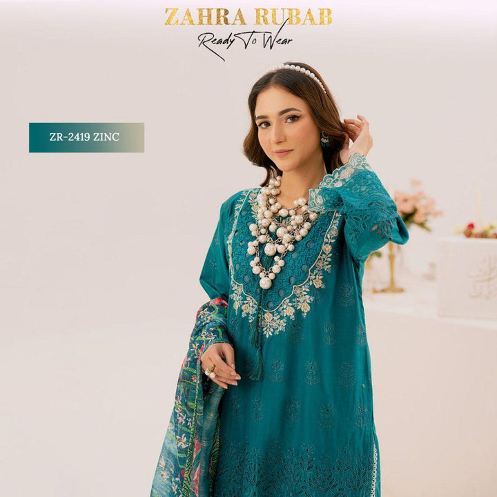 ZAHRA RUBAB 3 PIECE READYMADE CHIKAN KAARI ZR-2419 - Zinc