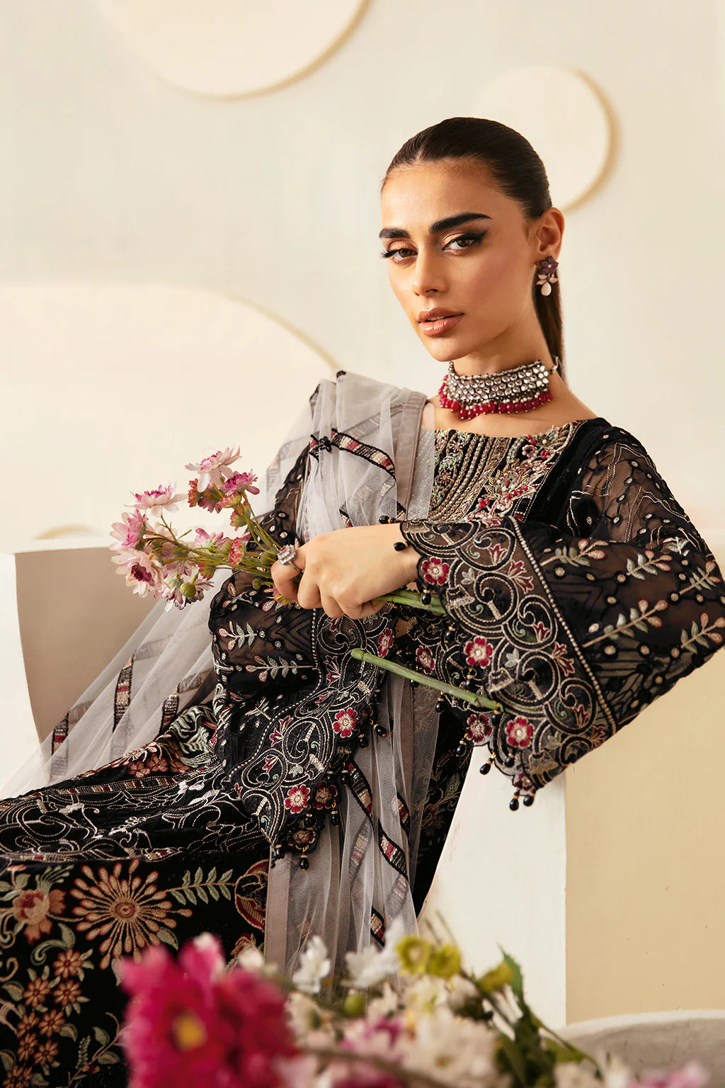 Ramsha 3-Piece Ready to Wear Chiffon Dastoor Collection - P-105 Black