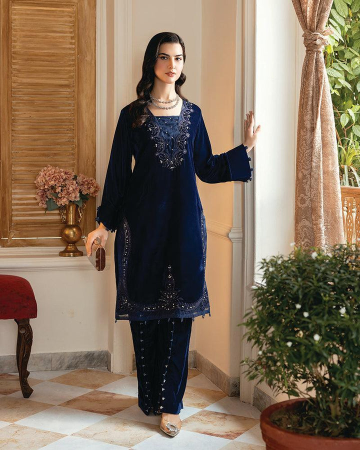 2 Piece Suit Ready to Wear VELVET EMBROIDERED EDITION N-83 - Blue