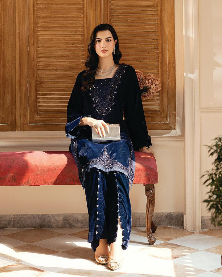 2 Piece Suit Ready to Wear VELVET EMBROIDERED EDITION N-83 - Blue