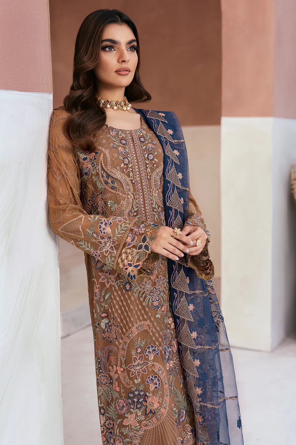 Ramsha 3-Piece Ready to Wear Chiffon Collection - U-110 Brown