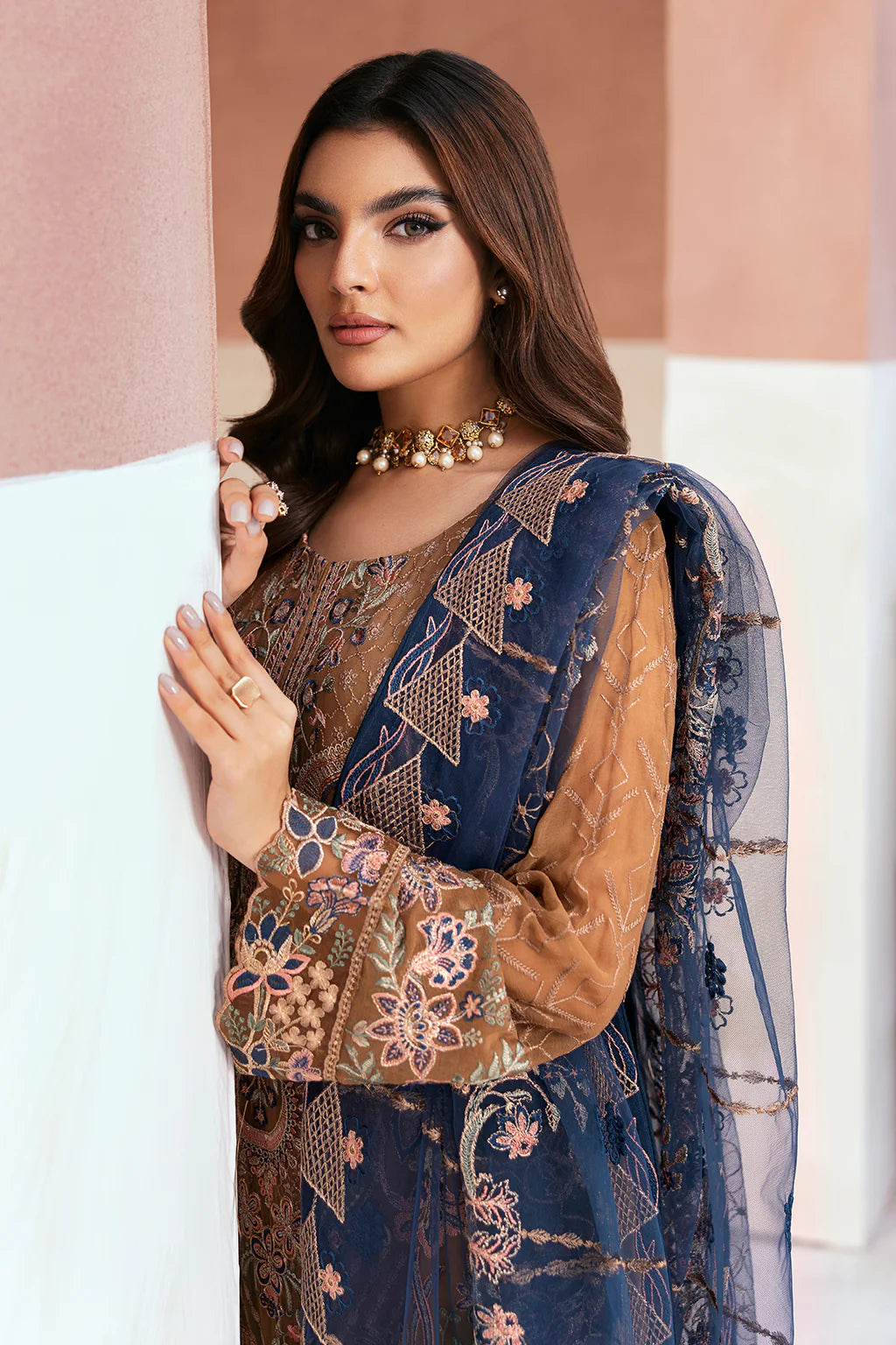 Ramsha 3-Piece Ready to Wear Chiffon Collection - U-110 Brown