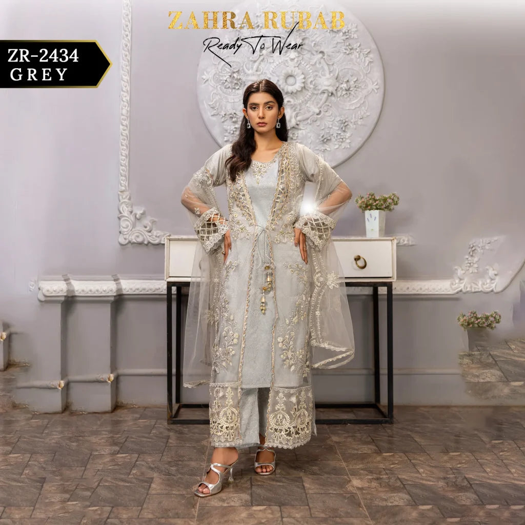 ZAHRA RUBAB 3 PIECE READYMADE GREY ZR-2434