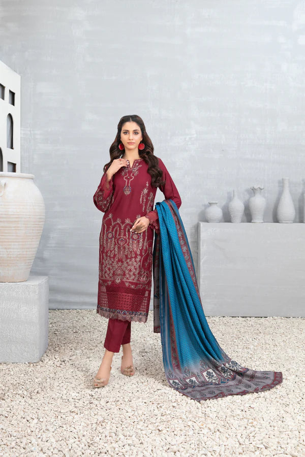 3-PIECE TAWAKKAL FABRICS STITCHED MUHSINA EMBROIDERED STAPLE - DIGIAL PRINTED DUPATTA - D-5490