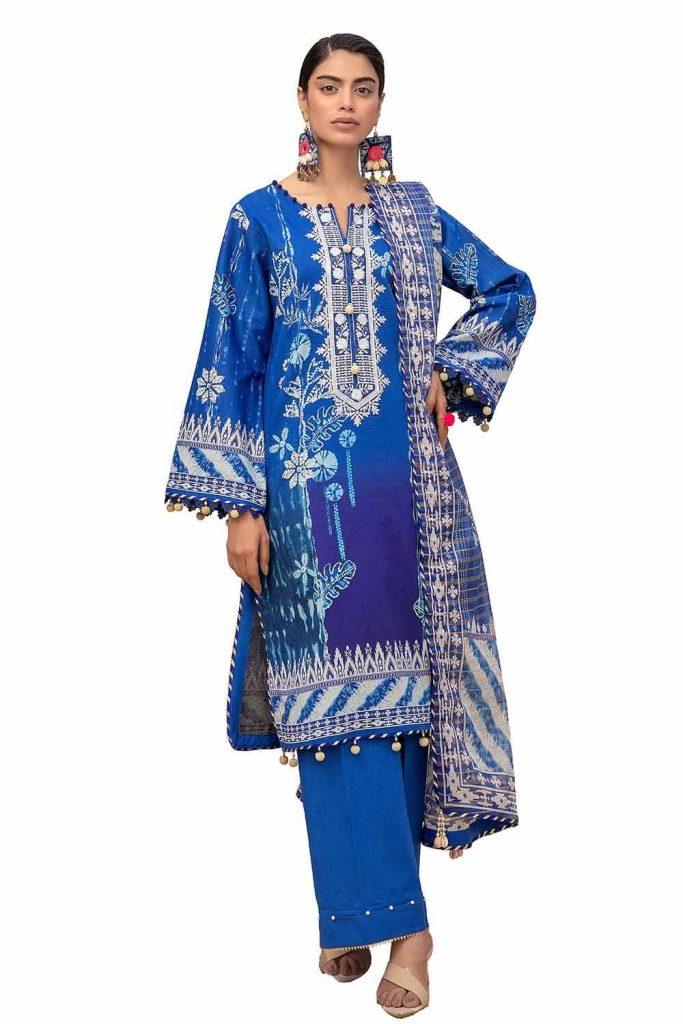 3PC Gul Ahmed Unstitched Embroidered Printed Lawn Suit with Zari Stripe Dupatta ST-42002