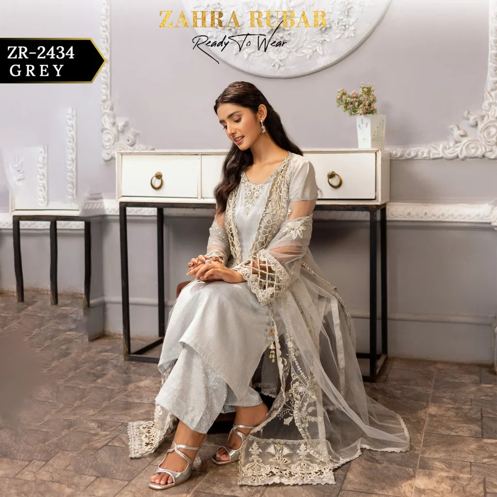 ZAHRA RUBAB 3 PIECE READYMADE GREY ZR-2434