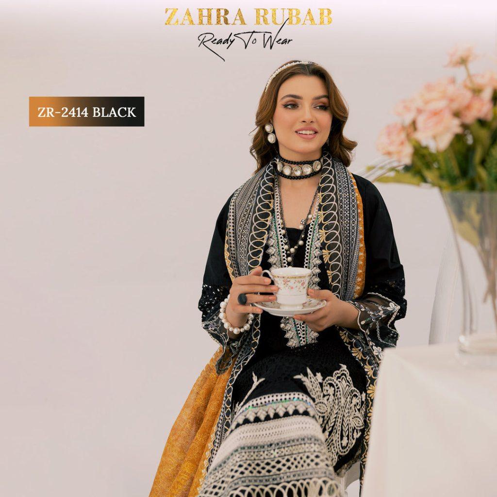 ZAHRA RUBAB 3 PIECE READYMADE CHIKAN KAARI ZR-2414 – Black