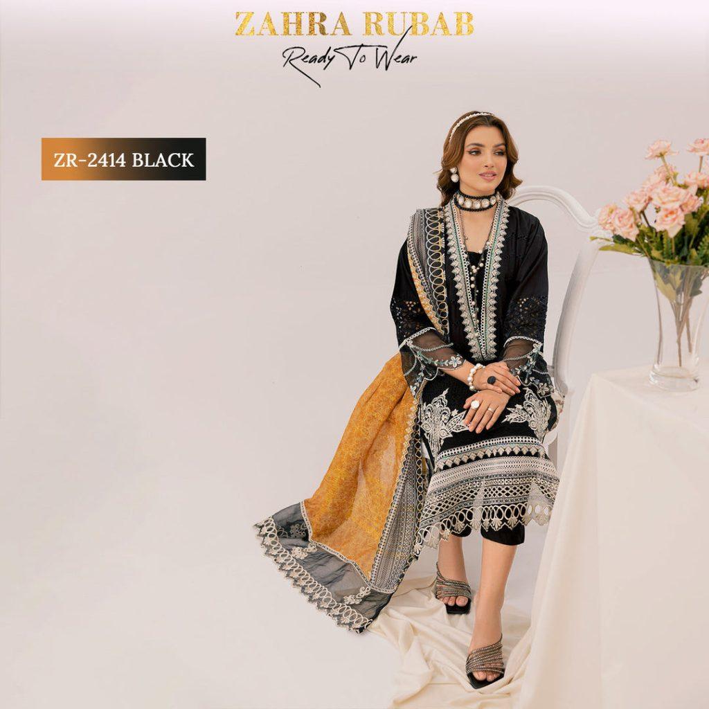 ZAHRA RUBAB 3 PIECE READYMADE CHIKAN KAARI ZR-2414 – Black