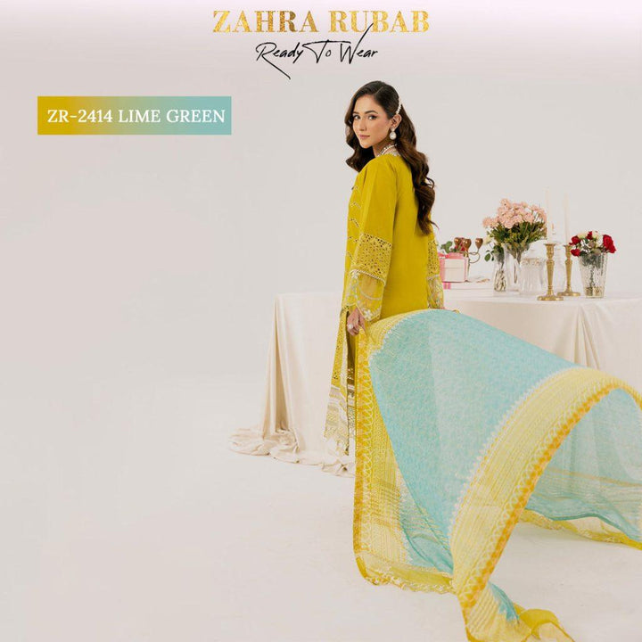 ZAHRA RUBAB 3 PIECE READYMADE CHIKAN KAARI ZR-2414 - Lime Green