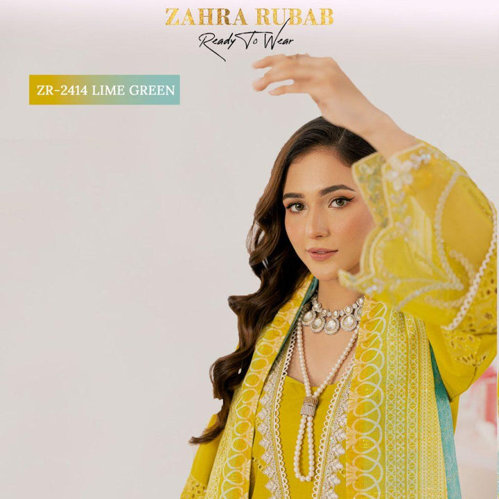 ZAHRA RUBAB 3 PIECE READYMADE CHIKAN KAARI ZR-2414 - Lime Green