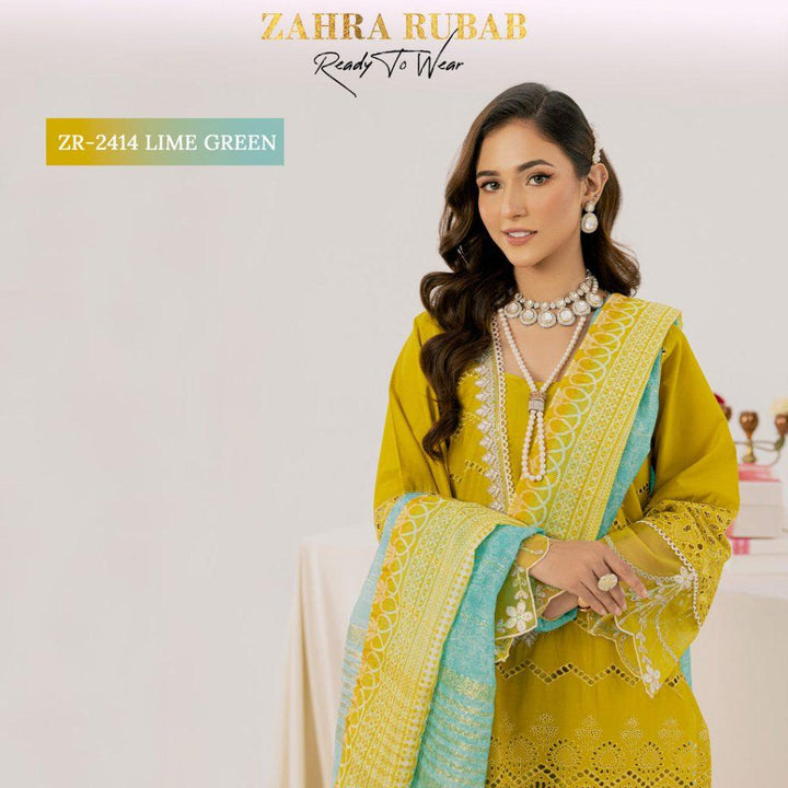 ZAHRA RUBAB 3 PIECE READYMADE CHIKAN KAARI ZR-2414 - Lime Green