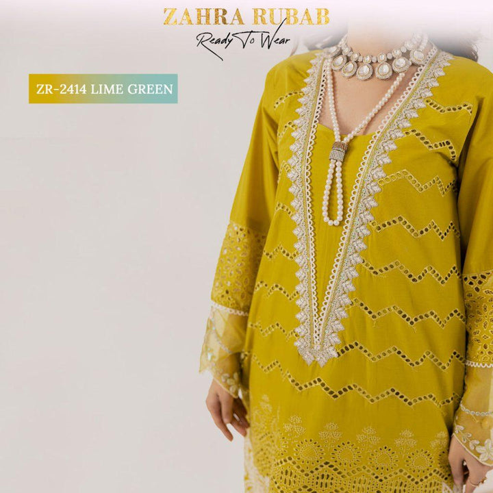 ZAHRA RUBAB 3 PIECE READYMADE CHIKAN KAARI ZR-2414 - Lime Green