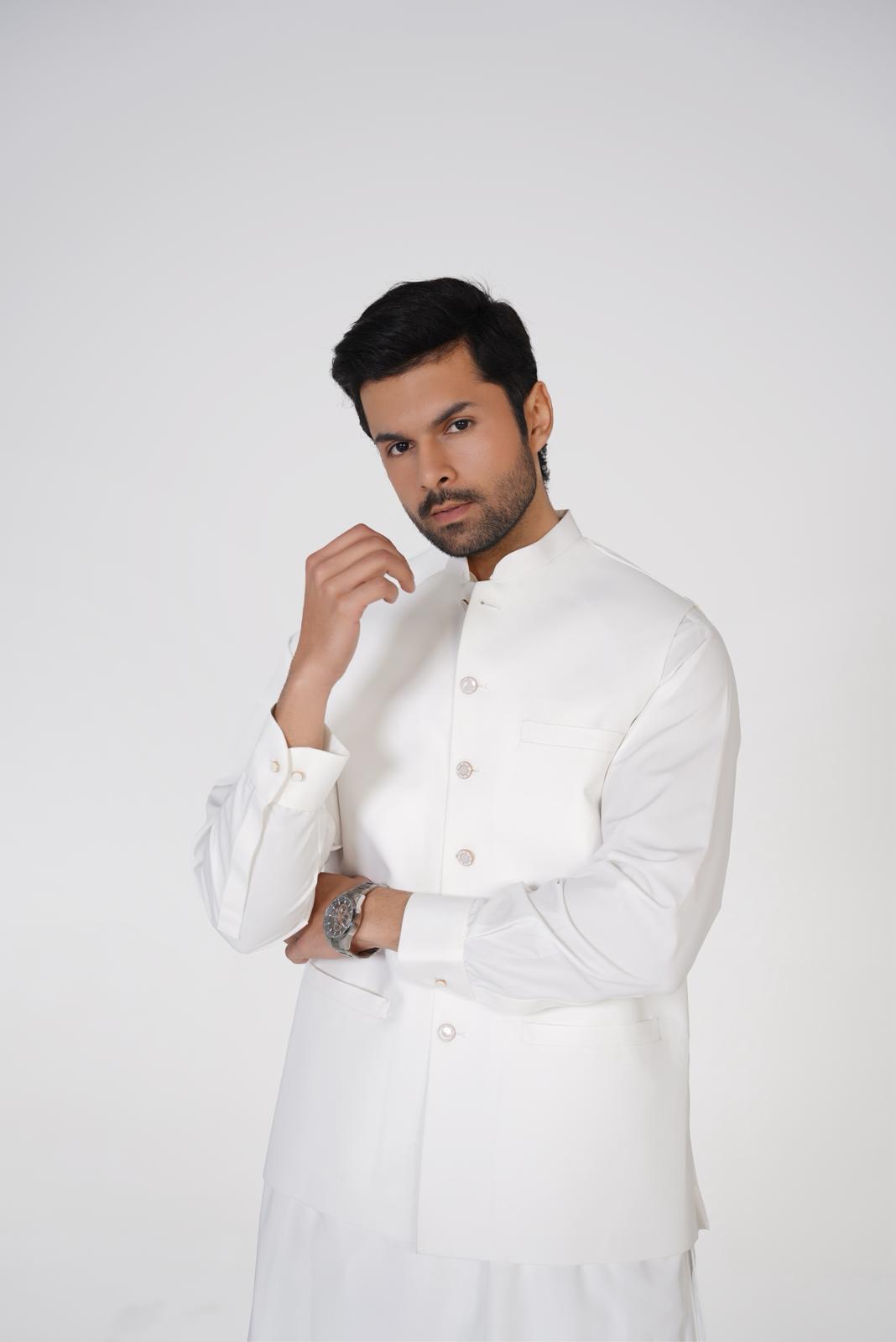 AL-QAISAR MEN'S WAISTCOAT WITH White SHALWAR KAMEEZ AQ-001