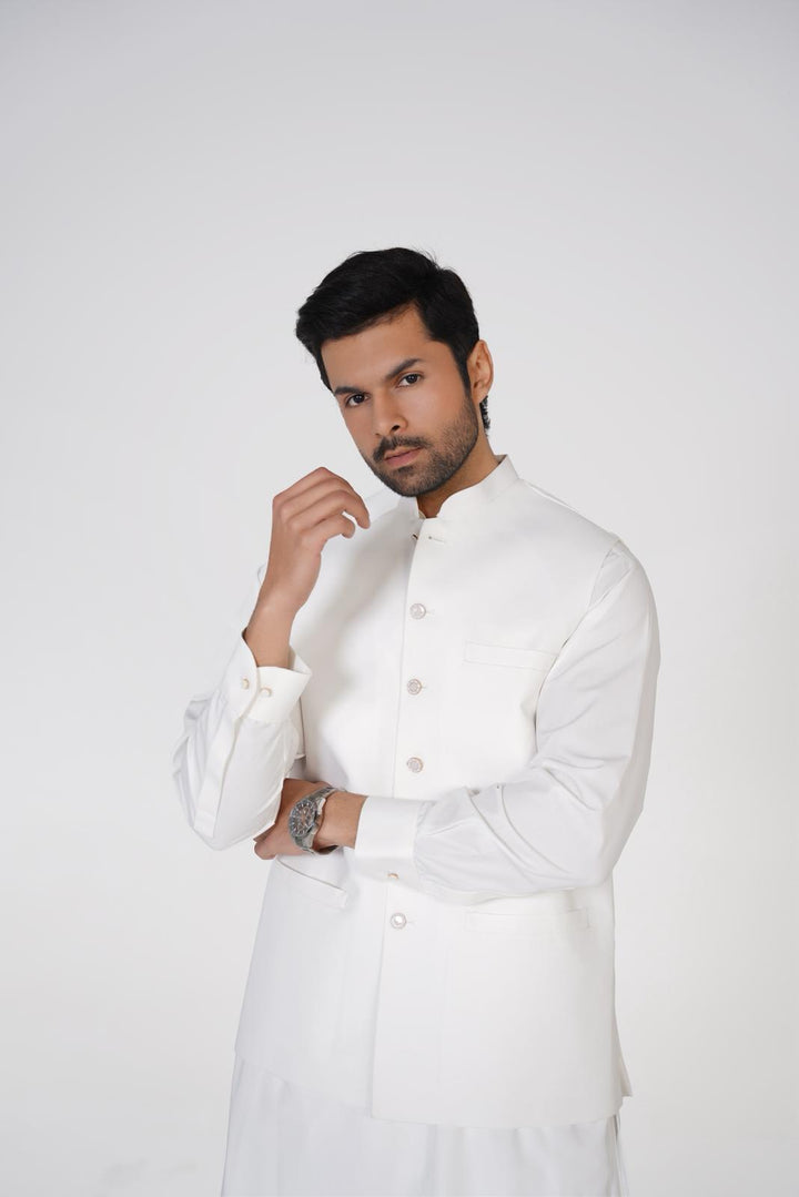 AL-QAISAR MEN'S WAISTCOAT WITH White SHALWAR KAMEEZ AQ-001