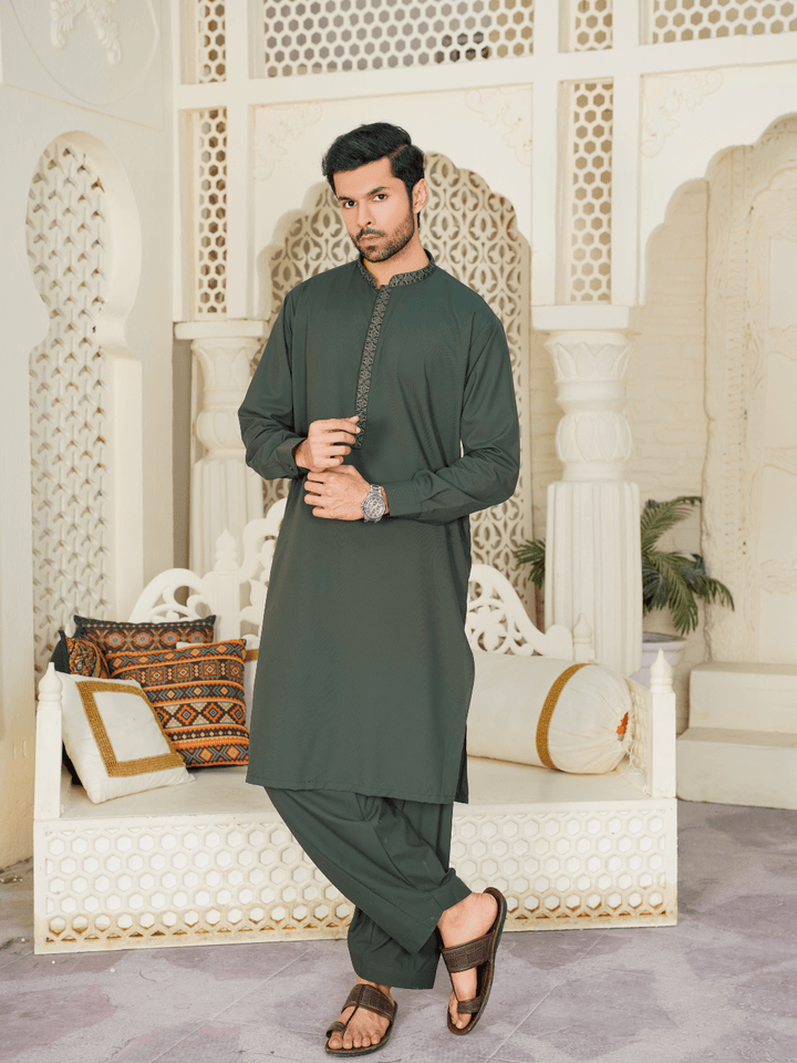 Al-Qaisar Men's Embroidered Dark Green Shalwar Kameez AQ-23