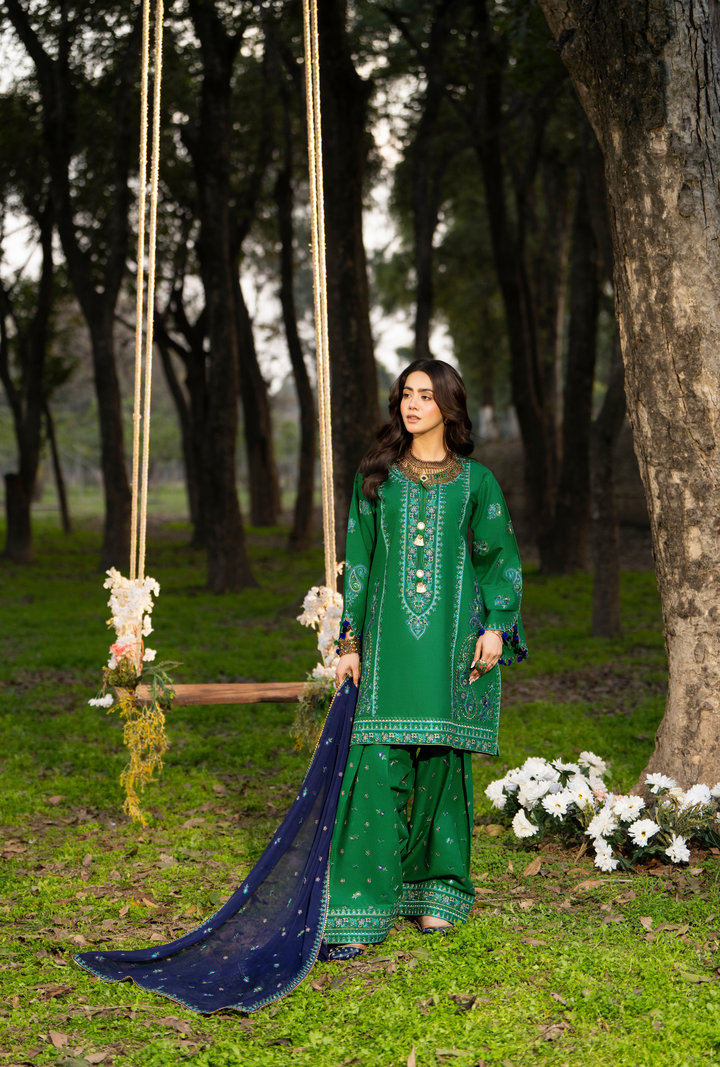 Karma Luxury COTTON Collection –3Piece Ready-to-Wear DARK green  KC-1548
