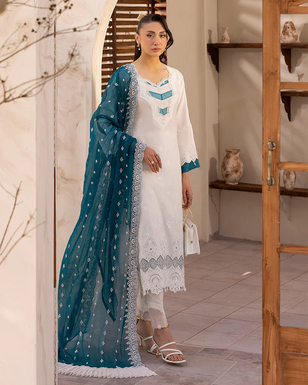 ALLYS 3 PIECE READY TO WEAR COTTON CHIKANKARI AL-1017 - WHITE