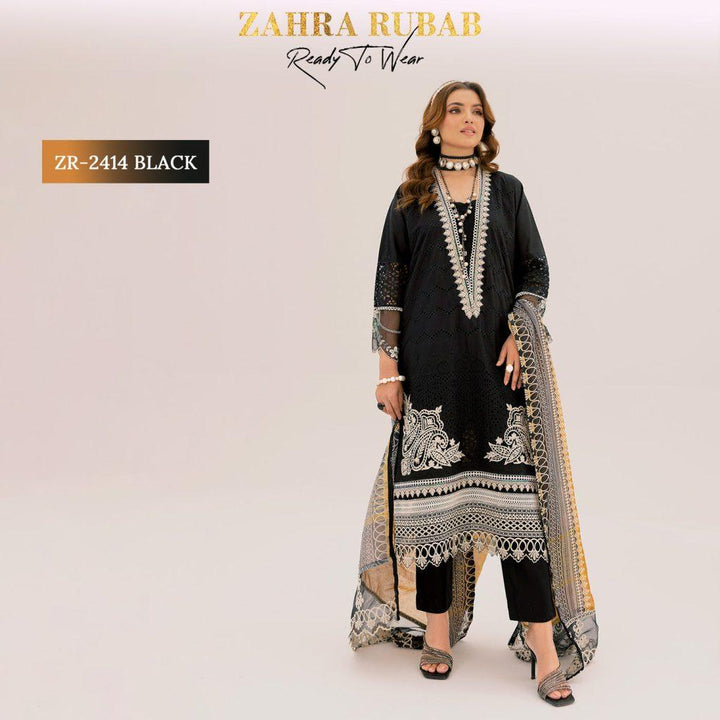 ZAHRA RUBAB 3 PIECE READYMADE CHIKAN KAARI ZR-2414 – Black