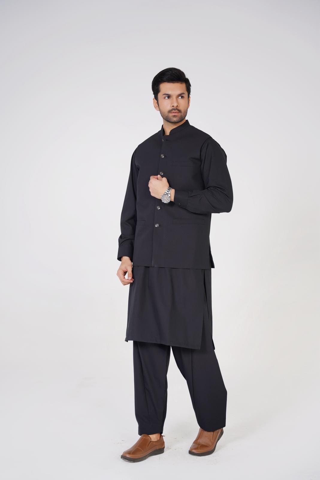 AL-QAISAR MEN'S WAISTCOAT with BLACK SHALWAR KAMEEZ AQ-00