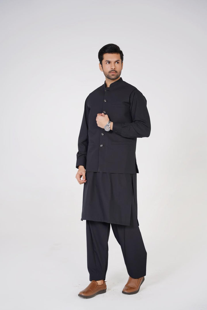AL-QAISAR MEN'S WAISTCOAT with BLACK SHALWAR KAMEEZ AQ-00