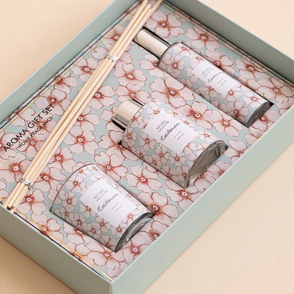a beautifully packaged aroma gift set presented