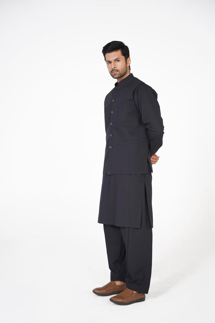 AL-QAISAR MEN'S WAISTCOAT with BLACK SHALWAR KAMEEZ AQ-00