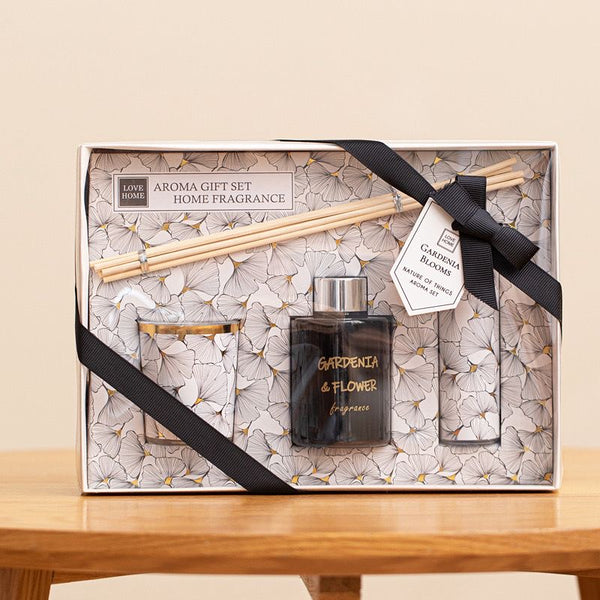 a beautifully packaged aroma gift set presented