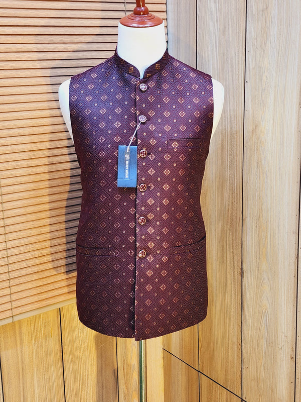 Men's Maroon And Gold Embroidered Waistcoat WQ-04