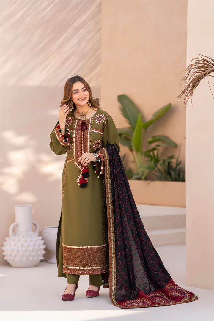 Karma Mishal Luxury Winter Collection – 3-Piece Ready-to-Wear (1538 Army Green)