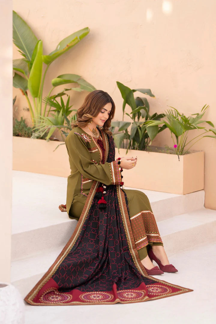 Karma Mishal Luxury Winter Collection – 3-Piece Ready-to-Wear (1538 Army Green)