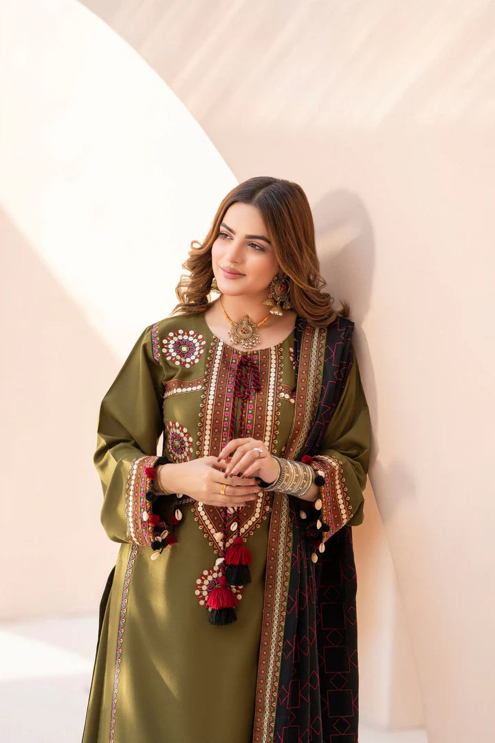Karma Mishal Luxury Winter Collection – 3-Piece Ready-to-Wear (1538 Army Green)