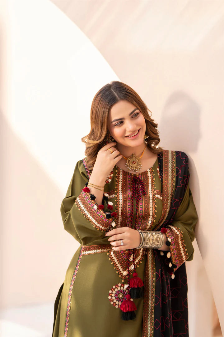 Karma Mishal Luxury Winter Collection – 3-Piece Ready-to-Wear (1538 Army Green)