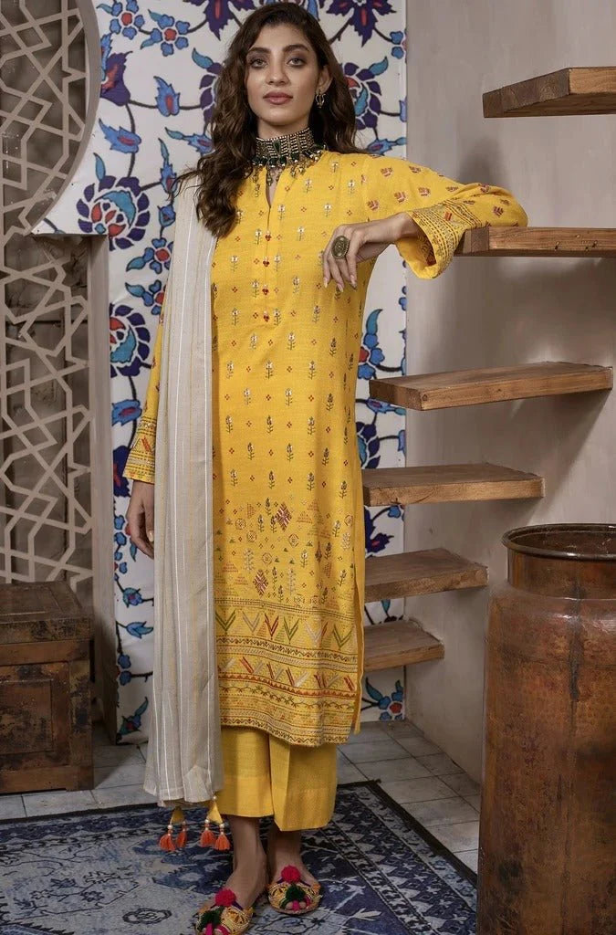 Lakhany 3-Piece Ready To Wear Embroidered Fancy Slub Suit - LSM-2574 Yellow