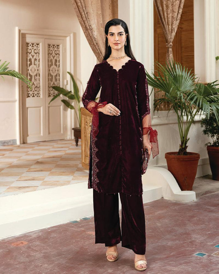 2 Piece Suit Ready to Wear VELVET EMBROIDERED EDITION N-83 - Maroon