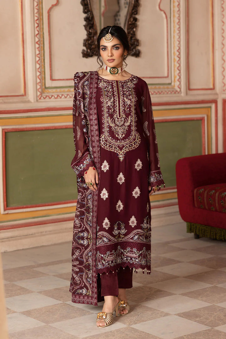 Ramsha 3-Piece Ready To Wear Dastan Vol-3 Chiffon | T-301 Dark Maroon