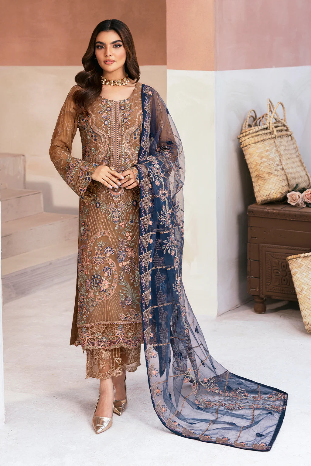 Ramsha 3-Piece Ready to Wear Chiffon Collection - U-110 Brown