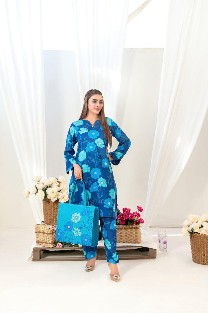 Tawakkal 2-Piece Ready to Wear Swiss Digital Printed With Hand Bag GLO Vol 2 D-1556 - Blue
