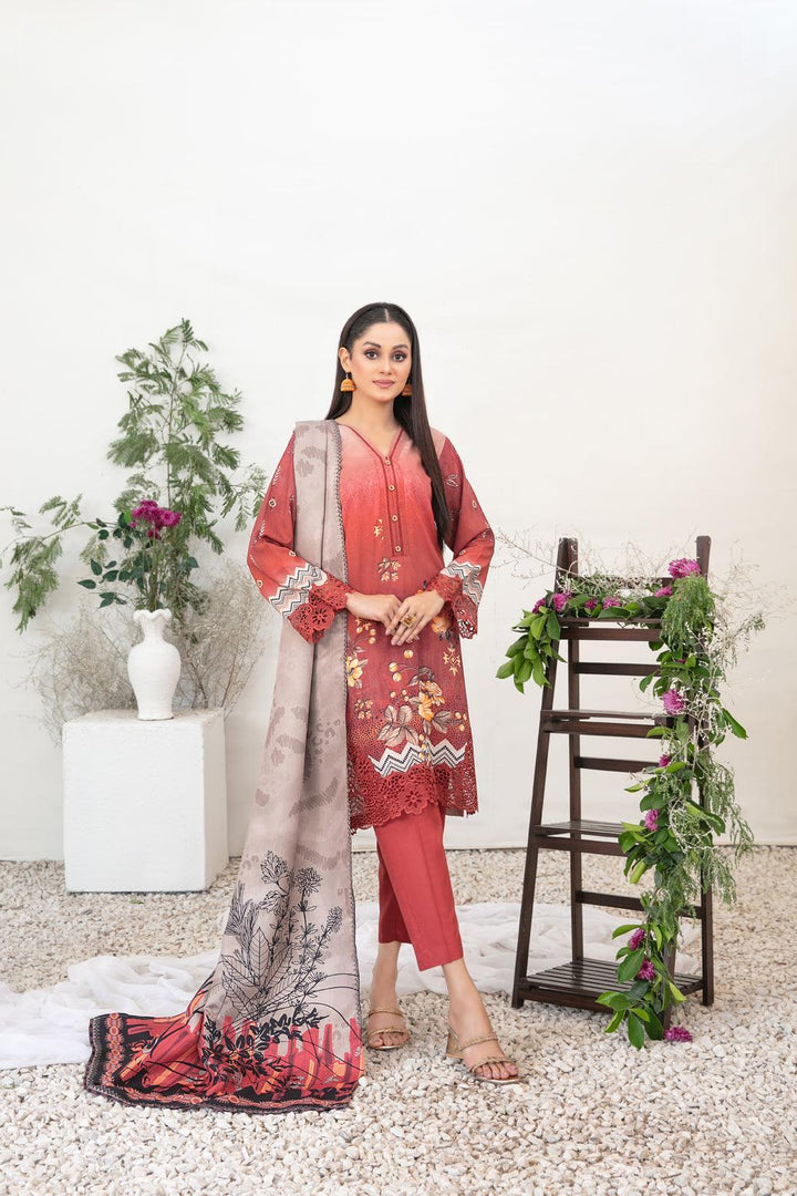 Tawakkal Fabrics 3-Piece Stitched Red D-3697