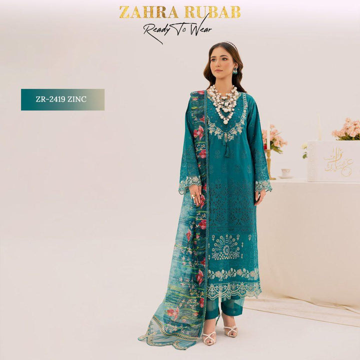 ZAHRA RUBAB 3 PIECE READYMADE CHIKAN KAARI ZR-2419 - Zinc
