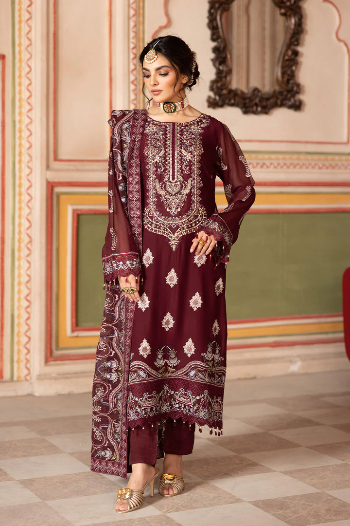 Ramsha 3-Piece Ready To Wear Dastan Vol-3 Chiffon | T-301 Dark Maroon