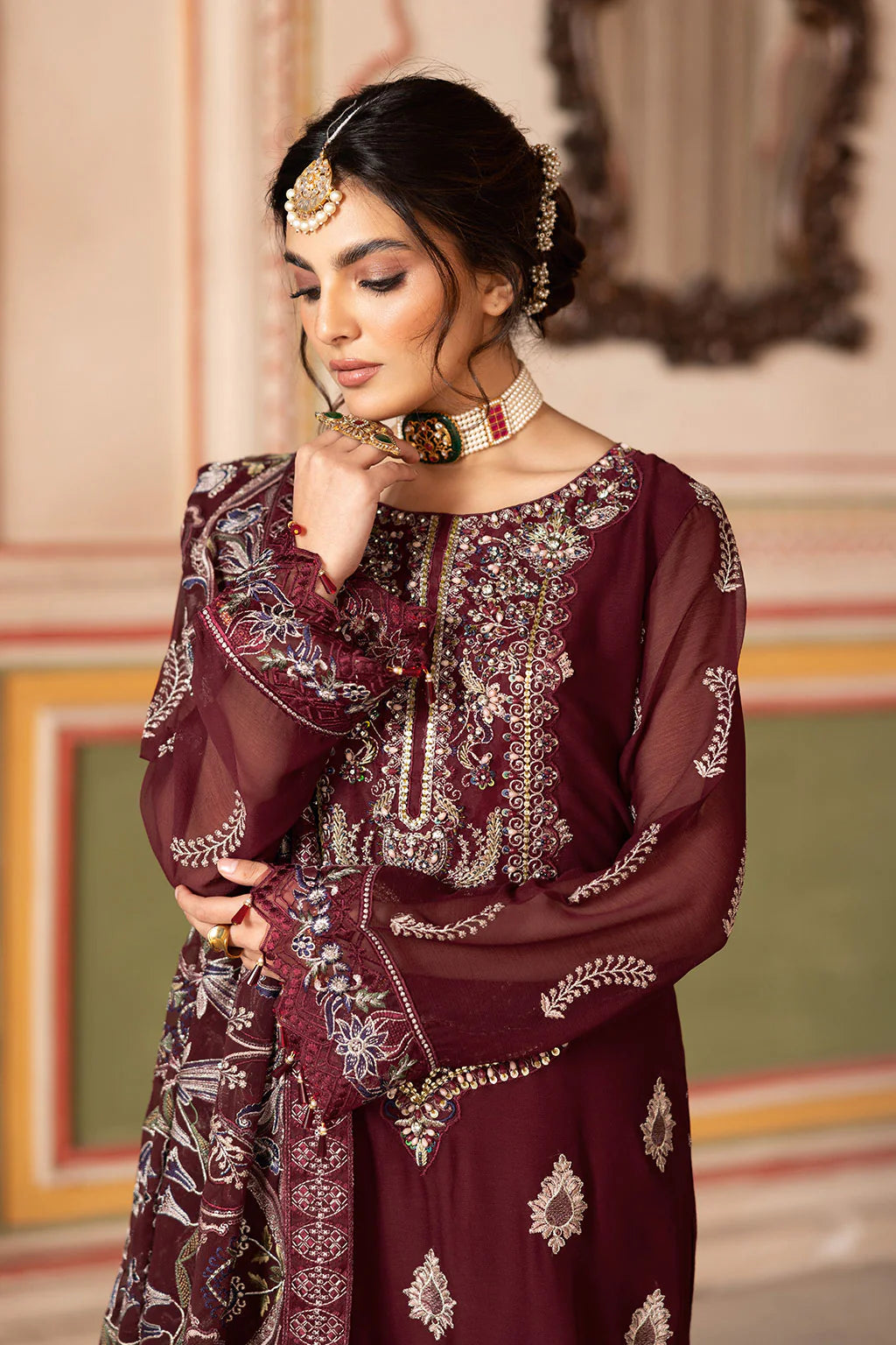Ramsha 3-Piece Ready To Wear Dastan Vol-3 Chiffon | T-301 Dark Maroon