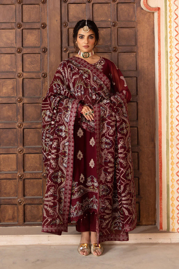 Ramsha 3-Piece Ready To Wear Dastan Vol-3 Chiffon | T-301 Dark Maroon