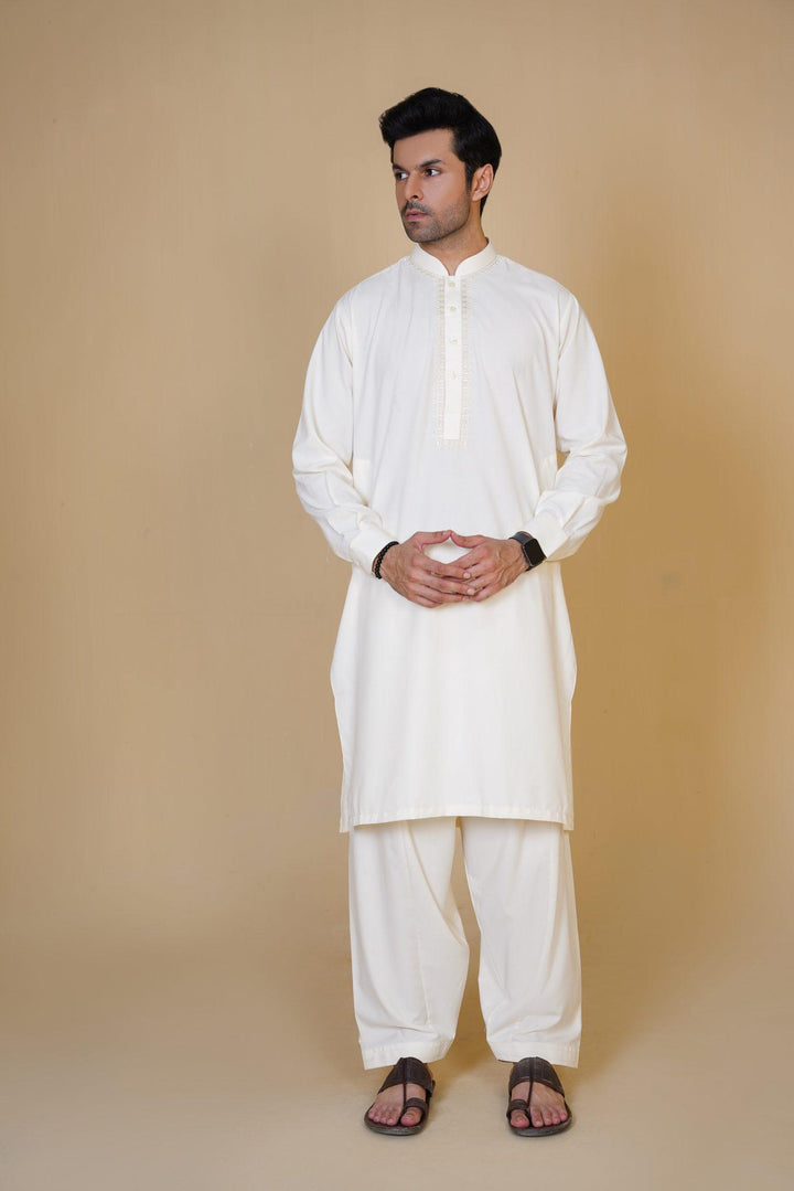 Al-Qaisar Men's Embroidered Cream Shalwar Kameez AQ-24
