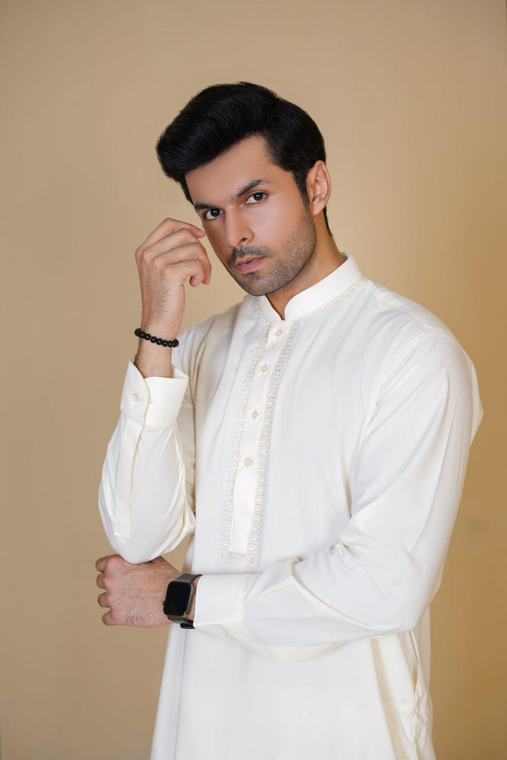 Al-Qaisar Men's Embroidered Cream Shalwar Kameez AQ-24